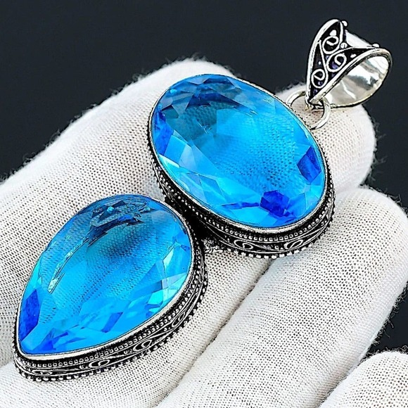 Sterling Silver Blue Topaz Pendant Gemstone Charm Necklace, Handmade - Picture 3 of 12